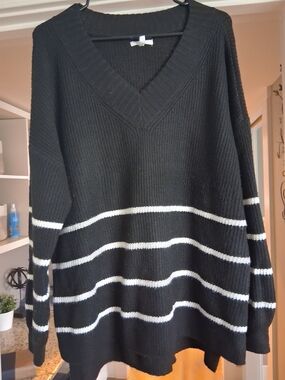 Maurices Black V-Neck Sweater with White Stripes